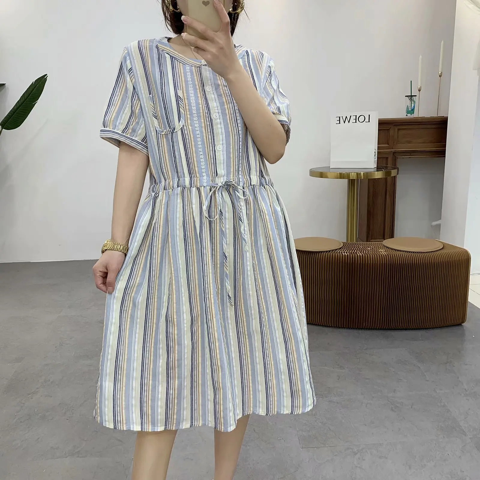 

Japanese-style Mori Girl Line Versitile Fashion Joint Irregular Color Plaid Printed Waist Hugging Slimming Short-sleeve Dress Wo