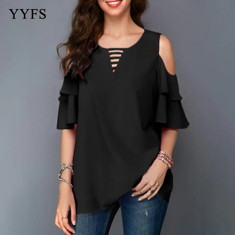 

Cold Shoulder Chiffon Black Yellow Blouse Shirt Women 2019 Summer Tops Elegant Plus Size Ladies Korea Blouses Blusas Female