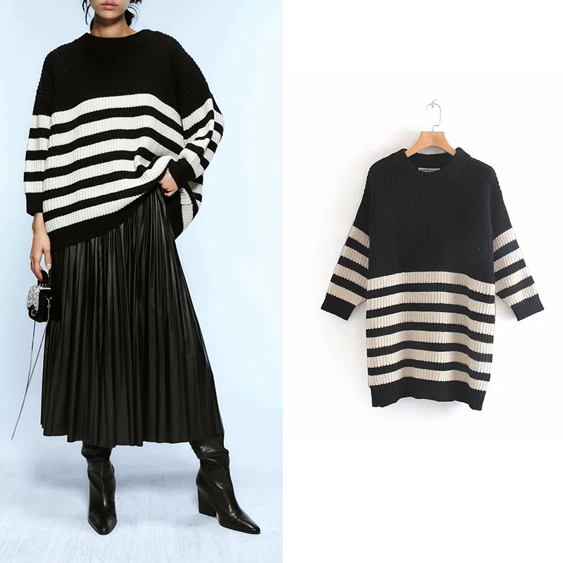 

ZA 2019 fashion vintage stylish striped knitted sweaters women O neck long sleeve patchwork ladies pullovers chic tops pull femm