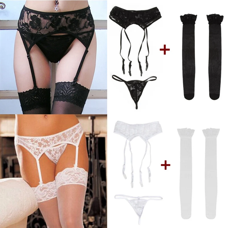 Sexy Women Lace Fishnet Long Stockings Thigh High with Temptation Suspender Garter Belt Underwear Kawaii Lingerie Set