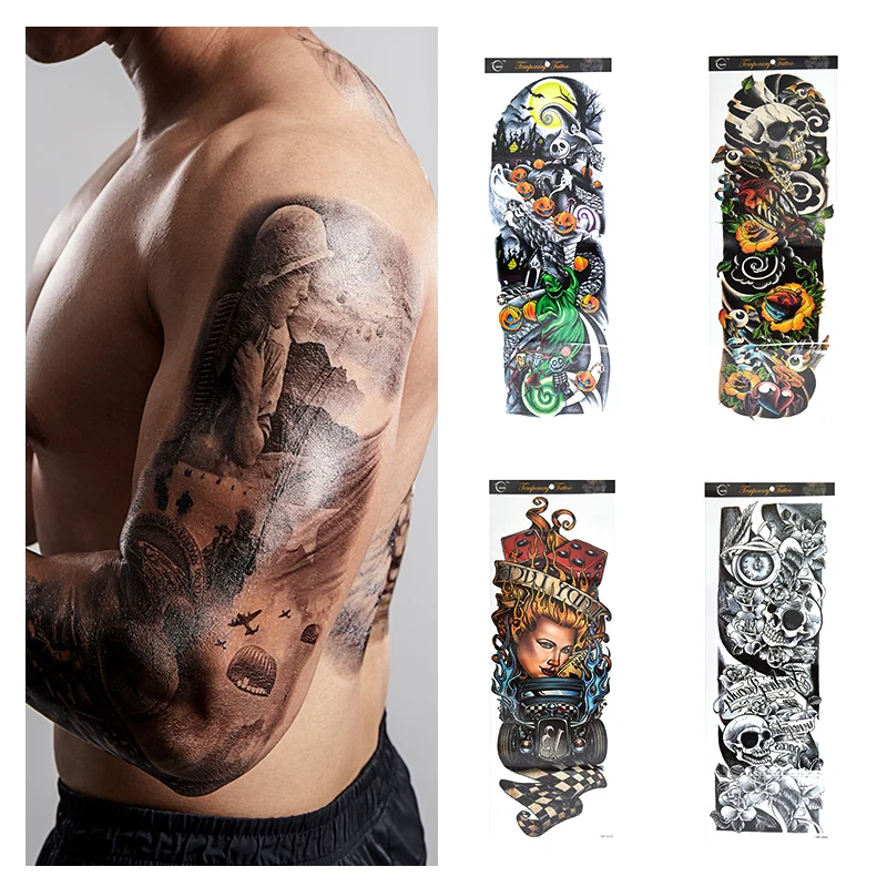 

Waterproof Temporary Tattoo Sticker Full Arm Large Skull Old School Tatoo Stickers Flash Fake Tattoos for Men Women