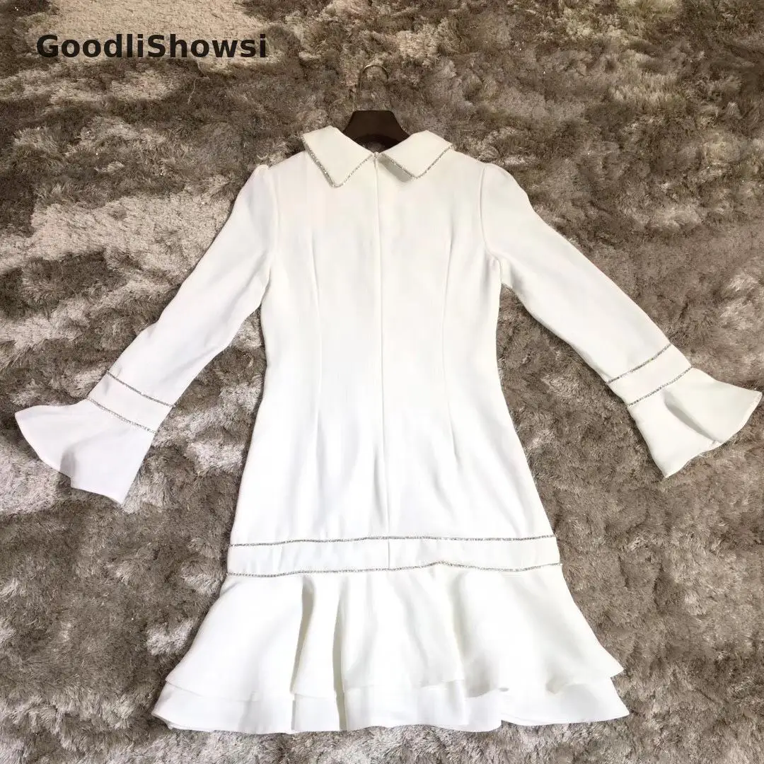 GoodliShowsi, Франция, элегантные белые платья, воротник с отложным воротником, рукав-клеш, бриллианты, пуговицы, сплошной цвет, женское платье с оборками