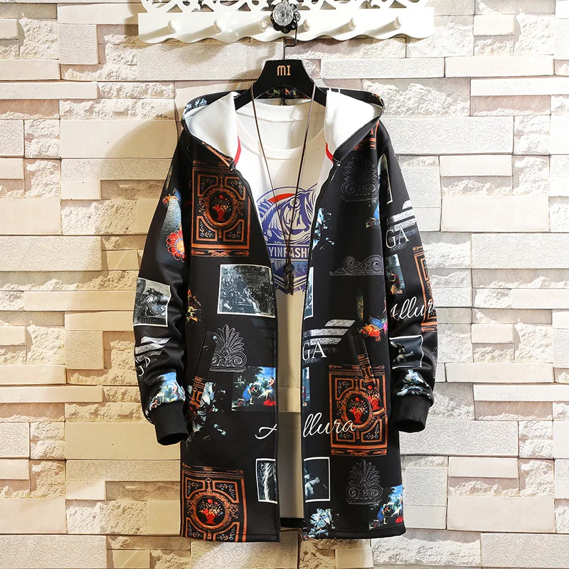 Chaqueta con estampado de patrón para hombre, a la moda holgado abrigo largo, prendas de vestir informales con capucha, primavera y otoño