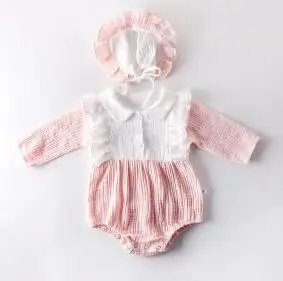 Розовый Emmababy одежда для маленьких девочек, комбинезон в стиле пэчворк с длинными рукавами и оборками, осенний комплект одежды с шапочкой - Цвет: Розовый