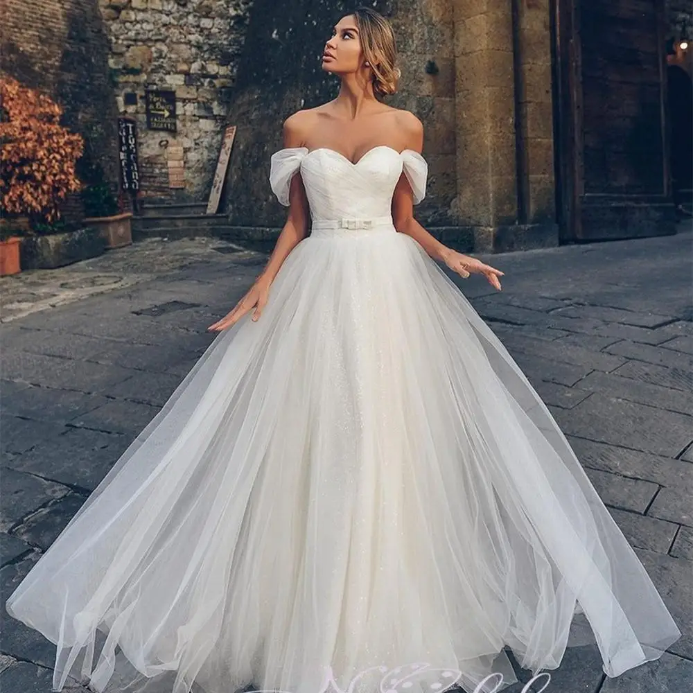 

A-Line Wedding Dress Sweetheart Off Shoulder A-Line With Belt Bridal Gowns Gorgeous Robe De Mariee Shinny Tulle Stunning Women