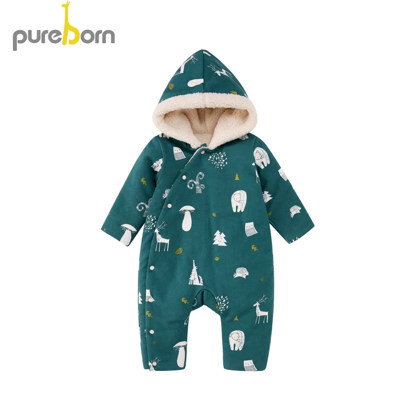 Pureborn/Одежда для новорожденных девочек; Рождественский комбинезон; комбинезон для маленьких мальчиков с рисунком оленя; флисовая подкладка; детская зимняя одежда; костюм