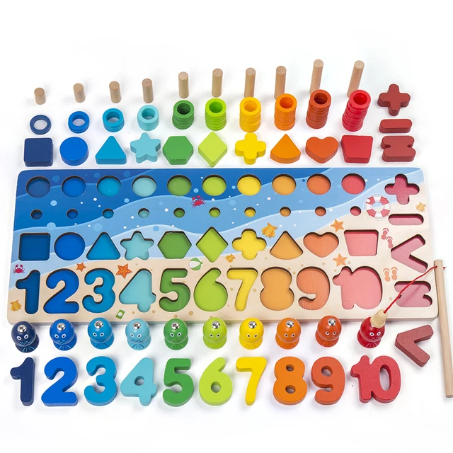  US $12.24  Montessori Educational Wooden Toys For Kids Board Math Fishing Count Numbers Matching Digital Shape