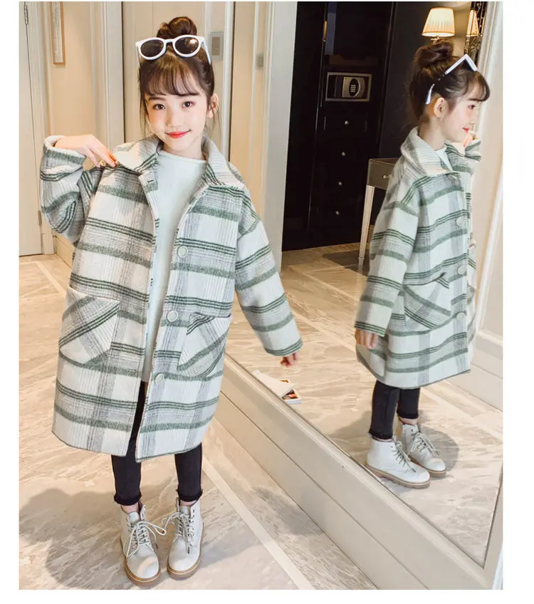 Teen Girls Wool Coat Girls Clothes Long-Sleeved Striped Kids Jacket for Girls Winter Coat Outerwear Children Clothing 10 12 13T