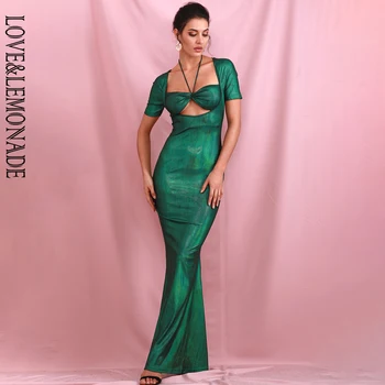 

LOVE&LEMONADE Sexy Green Cut Out Tube Top Bodycon Elastic Reflective Maxi Dress LM82069