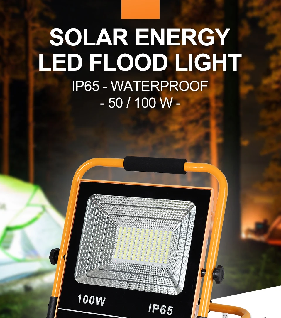 Портативный Солнечный светодиодный прожектор светильник 50 W/100 W Солнечная Перезаряжаемые уличного фонаря Водонепроницаемый открытый солнечный светильник Предупреждение светодиодный внешний аккумулятор