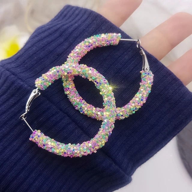 Glittering Large Purple Rhinestone Hoop Earrings