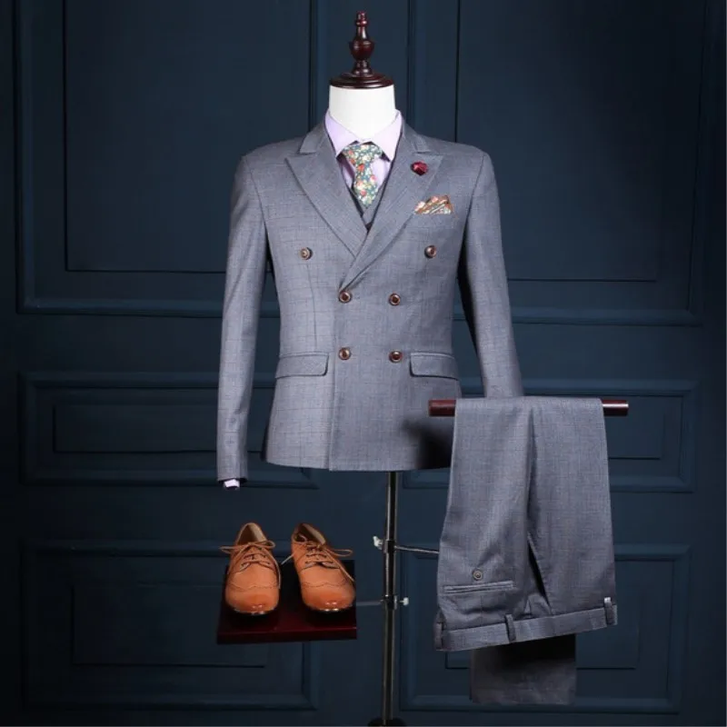 

New Arrivals Custom made Grey plaid Mens Suits Groom Tuxedos Groomsmen Best Man Suits Mens Wedding Suits( jacket+Pants+vest+tie)