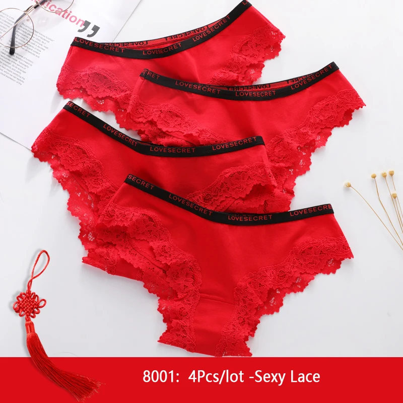 Cheap LANGSHA 4Pcs Women's Panties Luck Red Underwear Cute Bow Girls  Breathbale Cotton Briefs Size M-XXL