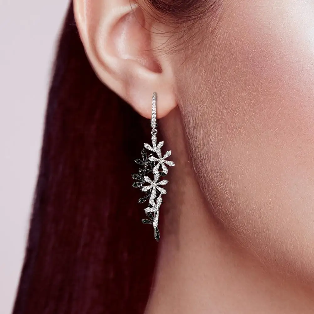 SANTUZZA Silver Drop Earrings For Woman 925 Sterling Silver Black Spinel White Cubic Zirconia Flowers Classical Fine Jewelry