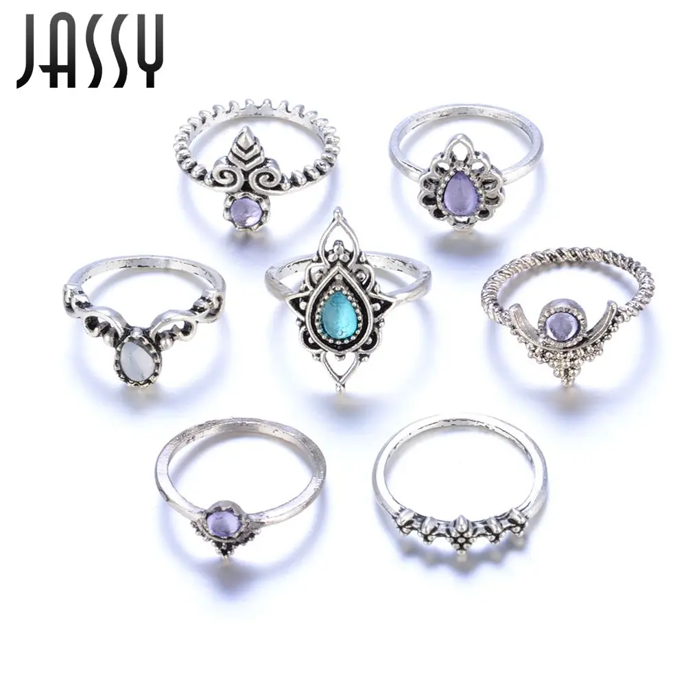 JASSY 7PCS Vintage Geometric Hollow Ladies Ring Kit Water Drop Crystal Fashion Trendy Ethnic Jewelry for Women Lady | Украшения и