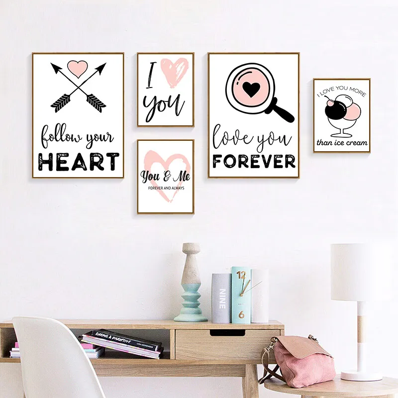 Modern Hand Drawing Board Love Quote Canvas Girl Pink Mirror Poster Wall Art Nordic Style Living Room Bedroom Decoration | Дом и сад