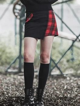 

PUNKRAVE Punk Irregular Skirt Female Tide Brand Plaid Stitching Skirt Dark Black Waist Pocket Hip Skirt