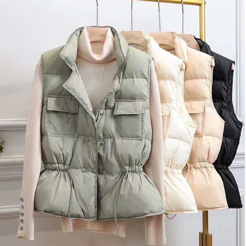 White Duck Down Drawstring Women's Vest Ultra Light Pocket Sleeveless Female Warm Vests Coat 2021 New Autumn Winter Waistcoat | Женская