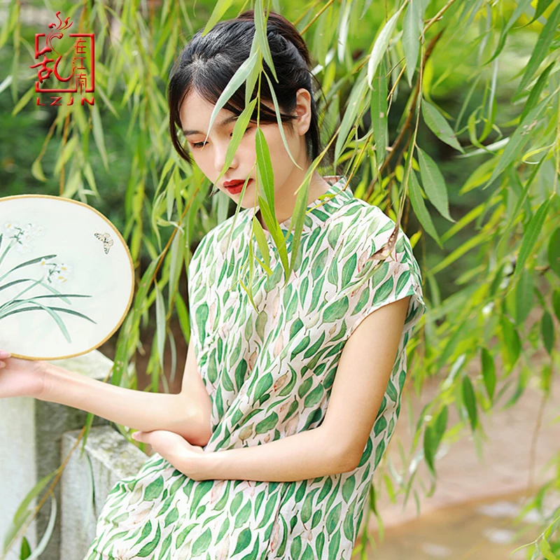

LZJN Chinese Women Traditional Dress Summer Qipao Printed Short Sleeve Elegant Long Slim Fit Oriental Style Cheongsam Dress