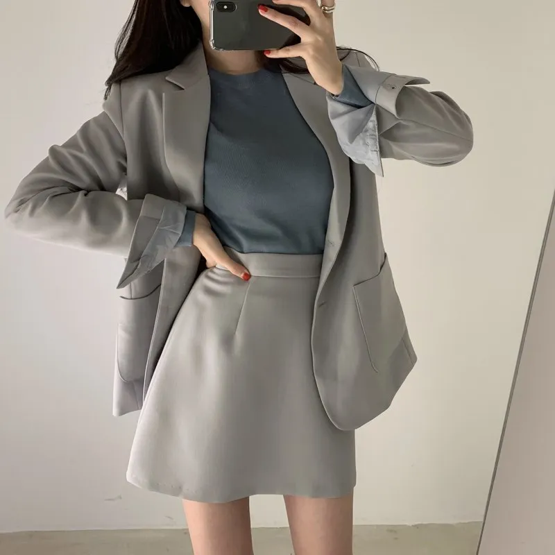 

2019 Elegant Single-Breasted Pockets 2 Pieces Set Female Solid Notched Women's Set Long Sleeve Loose 2 Pieces Outfits