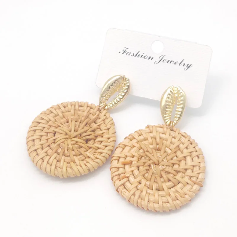 Bohemia Wicker Rattan Knit Earrings Ethnic Wood Bamboo Weaving Geometric Circle Statement Drop Earrings for Women Jewelry - Окраска металла: Metal shell 3