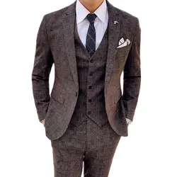 Brown Plaid Wedding Men Suits Sets Notch Lapel Grid Blazer Trousers Custom Made Groom Tuxedo Party Wear Male Jacket+Pants+Vest