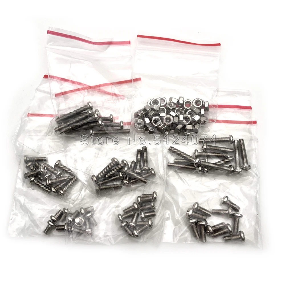 

120pcs/bag Mixed kit Commonly used M3 screw package nut M3*5/M3*6/M3*10/M3*12/M3*16/M3*20MM round head flat head screw sets