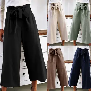 

Plus Size Women Casual Solid Color High Waist Belt Loose Wide-leg Cropped Pants Elegant Female High Waist Ladies Long Trousers