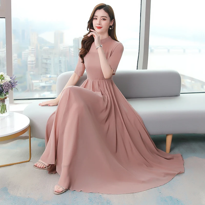

Spring and summer new aristocratic pure color restoring ancient ways posed chiffon dress dress show thin waist receive favors