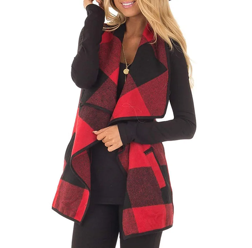 Women's Lapel Open Front Plaid Vest Sleeveless Buffalo Outerwear Cardigan with Pockets