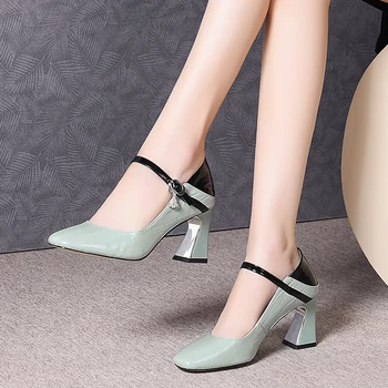 

INS HOT Women pumps natural leather shoes Cow patent leather Mary Jane shoes woman Europe and America high heels ladies shoes