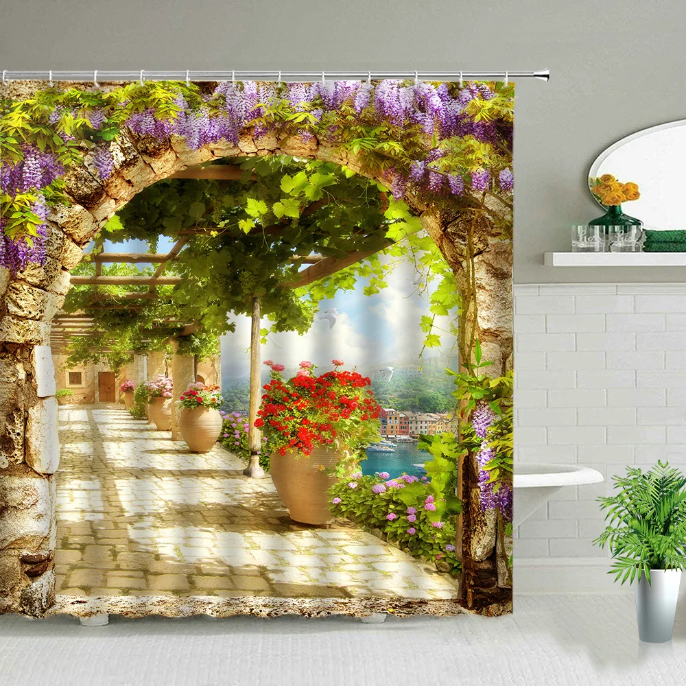 Shower Curtains Window Outside Forest Bridge Spring Landscape Creativity Zen Stone Tree Building Scenery Cloth With Hook