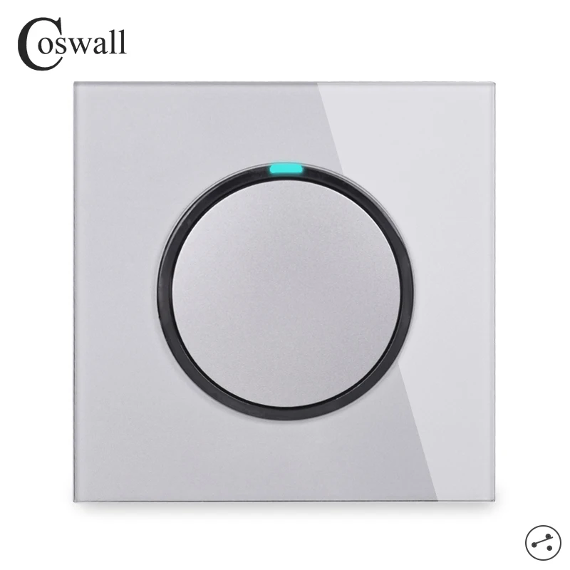 Серый Coswall 1 Gang 2 Way случайный нажмите кнопку ВКЛ/Off настенный светильник переключатель с Светодиодный индикатор проходят через выключатель переключается Стекло Панель серый - Цвет: Серый