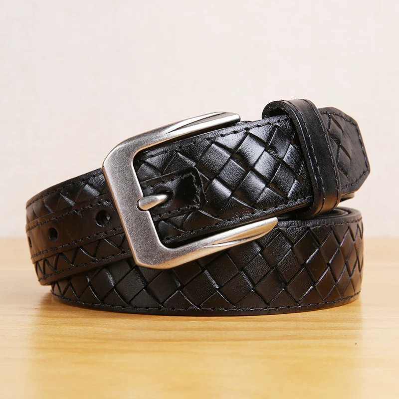 3.3cm Pure Leather Woven Belt For Men's Leather Leisure Business Youth Fashion Pants With Pin Buckle For Women's Knitted Belt