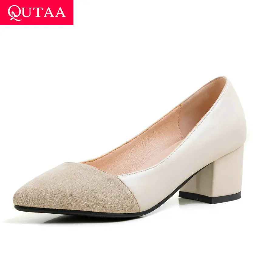 

QUTAA 2020 Mixed Color PU Leather Shallow Women Shoes Pointed Toe Fashion Ladies Pumps Square High Heel Single Shoes Size 34-43