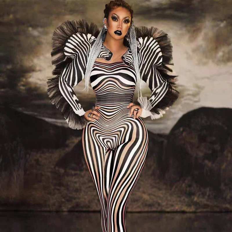

New Style Zebra Pattern Jumpsuit Women Singer Sexy Stage Outfit Bar DS Dance Cosplay Bodysuit Costume Prom Clothes