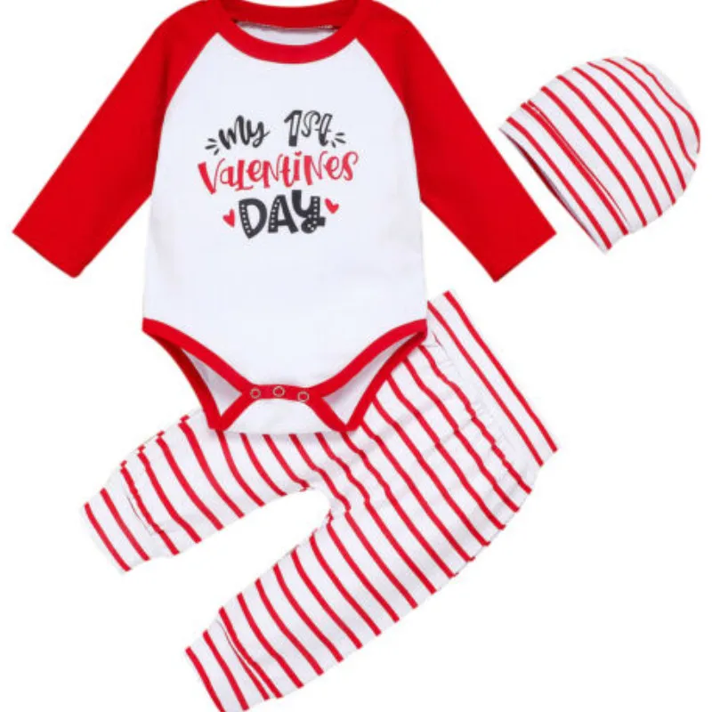 Emmaaby My First Valentine's Day/комплект одежды из 3 предметов для маленьких мальчиков и девочек: топ с длинными рукавами и буквенным принтом+ штаны+ шапочка на весну-осень, 0-24 месяца - Цвет: 2