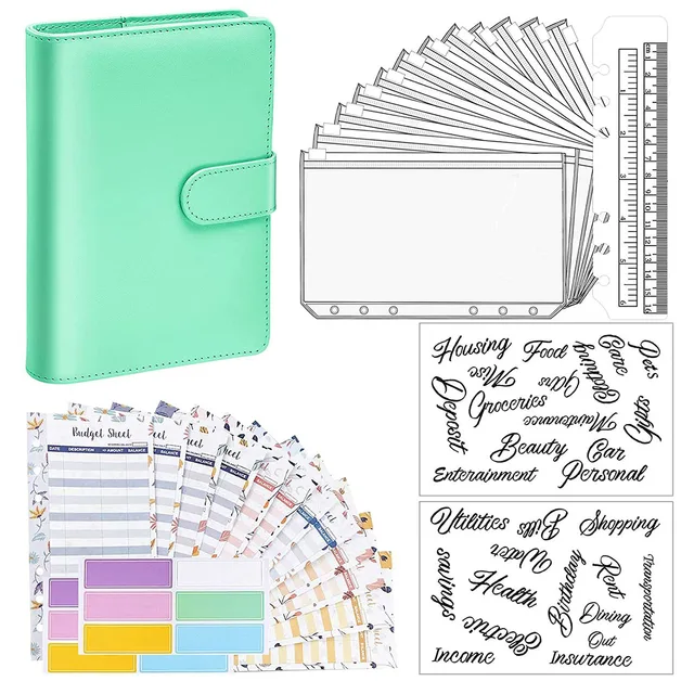 15 Pieces Binder Budget Planner Cash Envelope Binder with Budget Envelopes A6 Binder Pockets Cash Envelope Wallet for Budgeting Green-29pcs