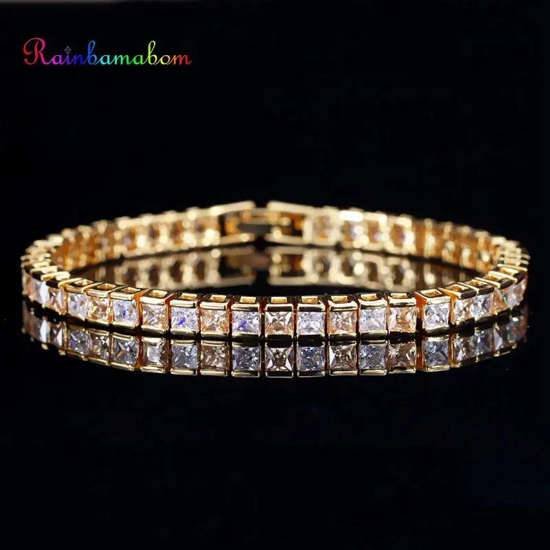 

Rainbamabom Retro 925 Solid Sterling Silver Created Moissanite Gemstone Birthstone Yellow Gold Bangle Charm Bracelets Wholesale