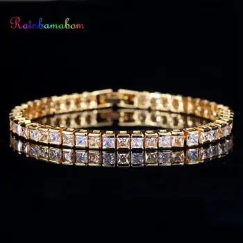 

Rainbamabom Retro 925 Solid Sterling Silver Created Moissanite Gemstone Birthstone Yellow Gold Bangle Charm Bracelets Wholesale