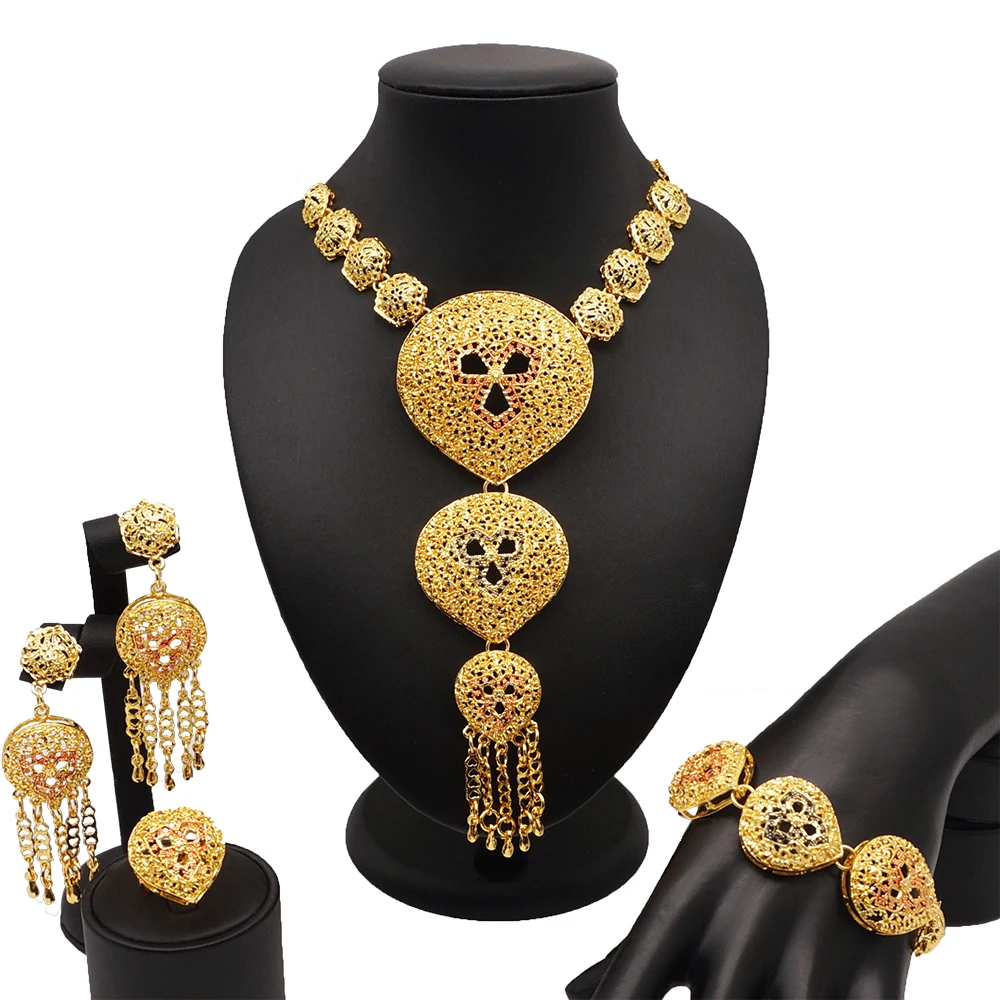 

Bridal Jewelry Set Nigerian Wedding necklace set Gold Jewelry Sets for Women African Big Necklace bracelet earring sets