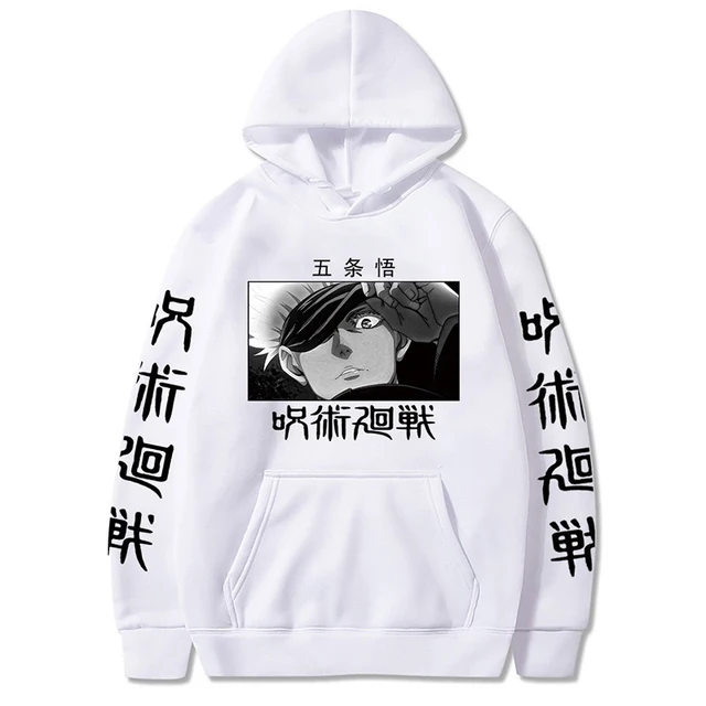 Anime Jujutsu Kaisen Casual Hoodies for Men Satoru Gojo Print Hoodies New Fashion Unisex Oversized Pullovers Men's Clothings white