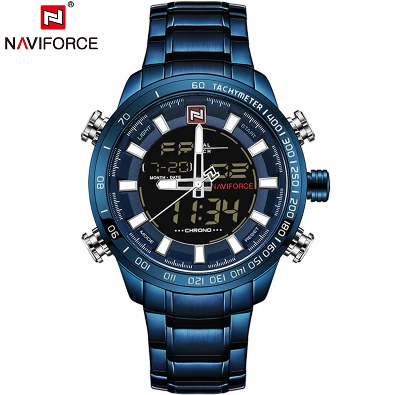 NAVIFORCE модные брендовые Мужские кварцевые часы спортивные водонепроницаемые мужские часы цифровой светодиодный часы мужские часы 9093 - Цвет: Blue