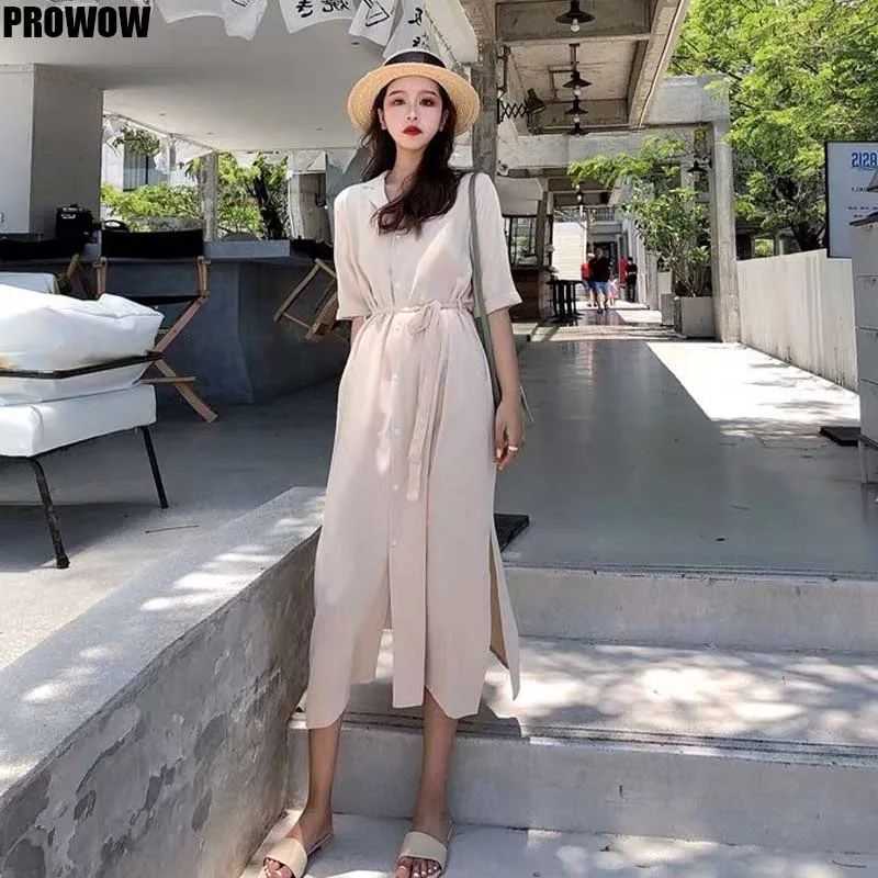 Chic Elegant Women Midi Dress Summer Fashion Office Waist Split Dresses Korean Retro Chiffon Japanese Leisure Dress Female 2020