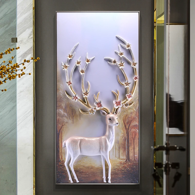 Porch Decorative Painting 3d Relief Painting Painting Vertical Living Room European-style Wealth Deer Home Entrance Wall Mural