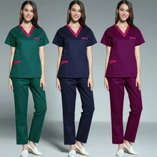 Женский Цвет Блокировка скрабы набор или скраб-Топ короткий рукав V шеи Топ Доктор Медсестры стоматолога Спецодежда Чистый хлопок медицинская форма