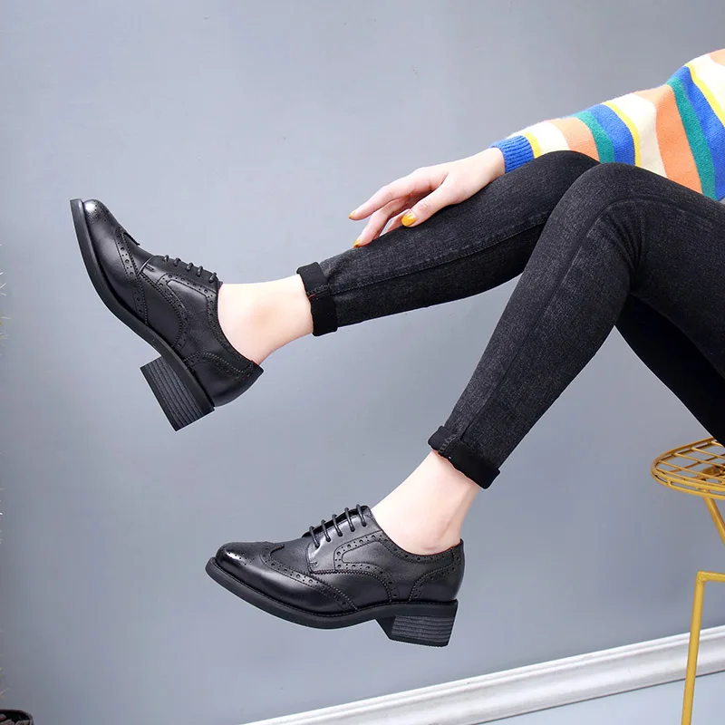 Cow Leather brown oxford shoes women lace up casual derby shoes fashion ladies brogue block heel women oxford shoes