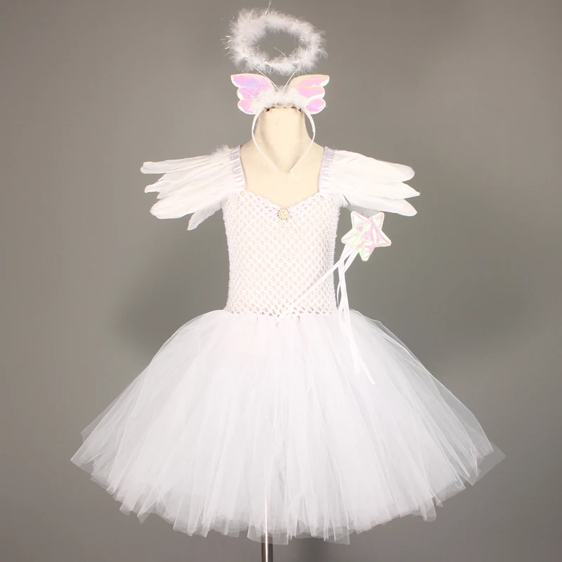 Girls White Heavenly Angel Tutu Dress with Halo & Sequin Angel Wings Back Children Halloween Fancy Dress Up Christmas Costume (2)