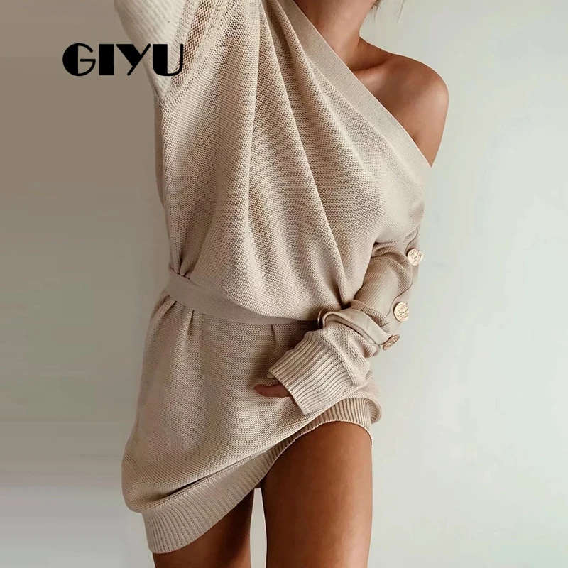 

GIYU Autumn Women Slash Neck Dress Buttons Solid Basic Knitted Vestido Lady Empire Sweater Dresses Sashes Slim robe femme