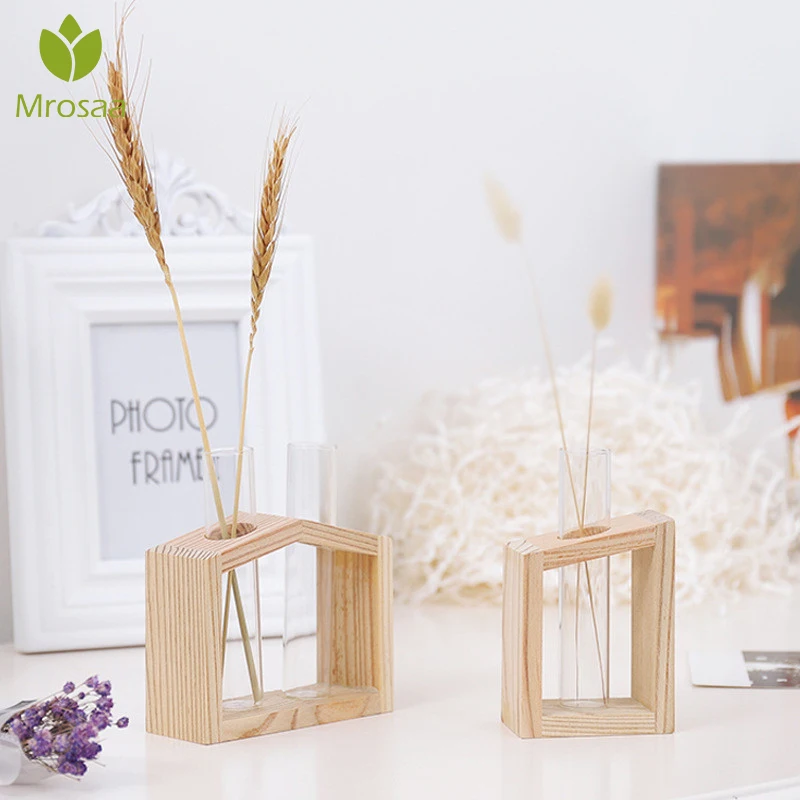 

2019Hot Sale Simple Nordic Crystal Glass Test Tube Vase in Wooden Stand Flower Pots for Hydroponic Plants Home Garden Decoration